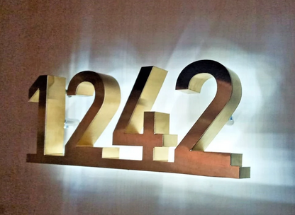 Custom LED House Number Sign, Address plaque Brushed Metal, Address Sign, House Number Sign, LED Backlit Numbers Brushed Gold Stainless Steel